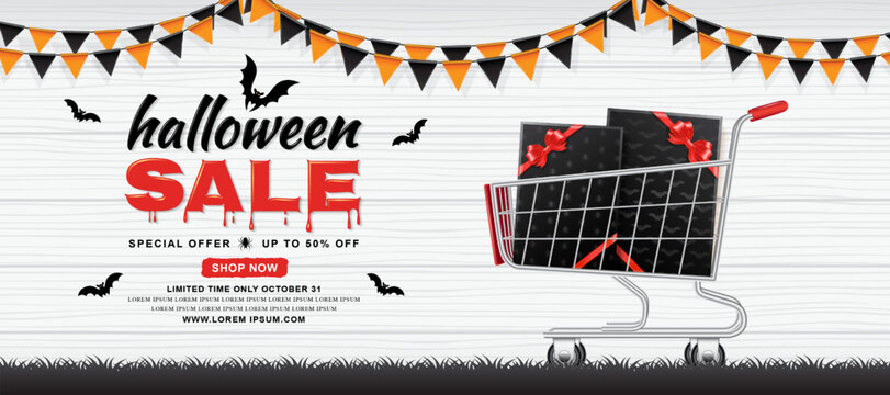 happy halloween sale trick or treat banner template shopping cart with gift boxes, flags and bats on white wooden background decoration for poster, web, flyer, coupon and card vector illustration