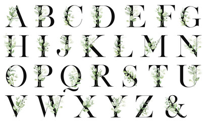 Floral alphabet, letters set with watercolor leaf. Monogram initials perfectly for wedding invitations, greeting card, logo, poster and other design. Holiday design hand painting.