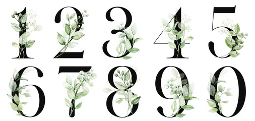 Number set with watercolor leaf. Perfectly for wedding invitations, greeting card, logo, poster and other floral design. Hand painting. Isolated on white background. - obrazy, fototapety, plakaty