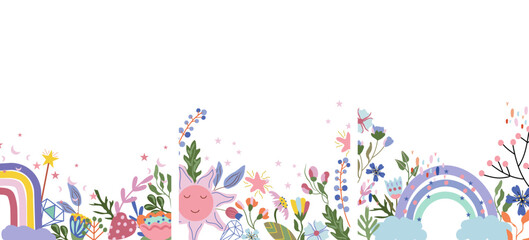 Beautiful of greeting cards with colorful flowers and leaves, rainbows, sun and other. Magical illustrations for your as creating card, banner, birthday and other holidays.Vector