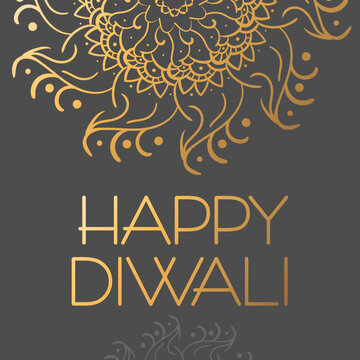 Happy Diwali. Greeting banner with lettering, grey background and mandala