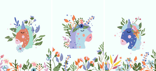 Fantastic Head portrait Unicorn with colorful flowers and leaves. Poster with magical head horse can be used as creating card, banner, birthday and other holidays. Vector illustration.