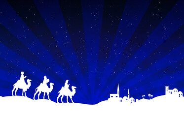 Fototapeta na wymiar Christmas Nativity Scene white silhouette on blue background
