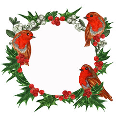 Watercolor round frame with robins on holly branches