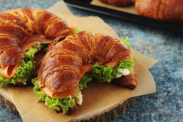 Freshly baked croissants with salmon and salad on the table	