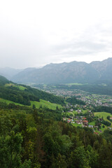 Fototapeta na wymiar The view from Ewige Wand hiking and mountain biking path to Bad Goisern, Austria