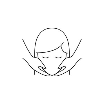 Face massage line icon. Woman, customer, hands touching face. Beauty care concept. Vector illustration can be used for topics like cosmetology, skin care, spa salon
