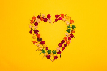 dry potpourri heart on yellow background, flat lay, creative concept

