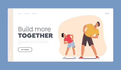 Family Sport Exercises Landing Page Template. Young Athlete Man and Boy Characters Doing Fitness or Aerobics