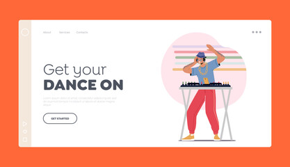 Disco Entertainment Landing Page Template. Happy Dj Male Character in Headphones Perform Music during Night Club Party