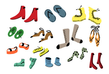 Beautiful set stylish footwear in various styles and shapes. Male and Female Collection with different shoes in bright colors on white background. Vector illustration, hand drawn in doodle flat style.