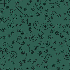Simple seamless vector pattern with different curls. Green and black ornament background. Smooth and organic template with lines, waves, curls, for textiles and fabric, wallpaper, wrapping paper.