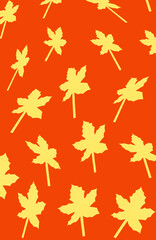 yellow maple leaves all over vertical trendy orange background, creative art design
