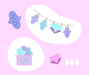 Feminine hygiene set. Menstrual pants, reusable cloth pads and cup is hygiene items for protection woman during menstrual cycle, zero waste, cartoon vector illustration
