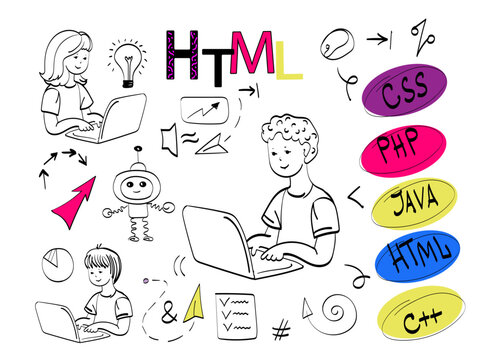 Kids coding education concept. Childrens kod school. Vector illustration
