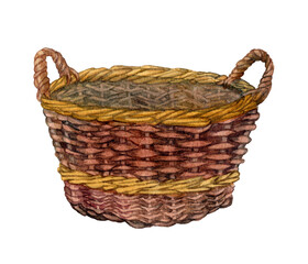 Watercolor handdrawn basket for fruits and vegetables . Wicker bread basket illustration. grandma's bun basket.  Brown tall wicker basket with two handles isolated on white background. 