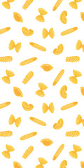 Pasta lover phone graphic background. Italian pasta types. Penne, farfalle, fusilli, shell, swirl shape. Food wallpaper.