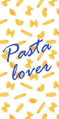 Pasta lover phone graphic background. Italian pasta types. Penne, farfalle, fusilli, shell, swirl shape. Blue text. Food wallpaper.