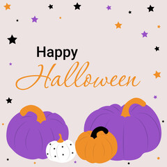 Happy Halloween banner, poster, greeting card or party invitation background. Cute purple, white and orange pumpkins hand-drawn vector  illustration. 