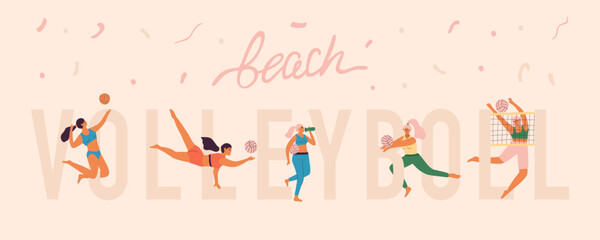 Fototapeta na wymiar Beach volleyball players in dynamic poses and lettering beach volleyball. Volleyball banner concept for professional or amateur school. Vector illustration of summer hawaiian banner.
