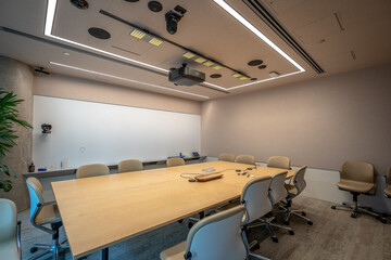 Contemporary office meeting room with a projection screen