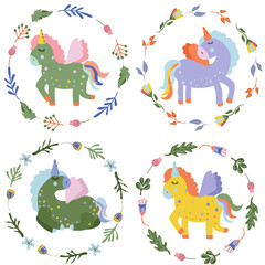 Fantastic cute Unicorns with colorful the tail and wreath around. Cute colorful horses in flat style. Perfect can be used as creating card, banner, birthday and other holidays.Vector