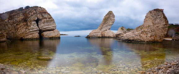 Islands off the Black Sea coast at Kilimli Bay, near Agva, Sile, in north west Turkey