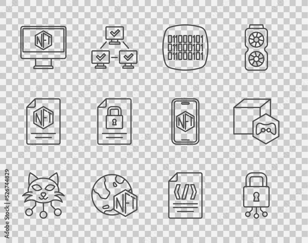 Aufkleber set line nft digital crypto art, cyber security, binary code, monitor with store app, document and l