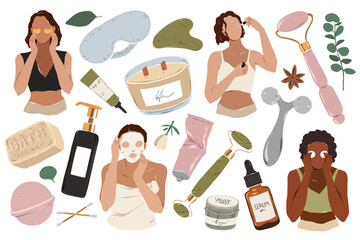 Women applying skincare products, using moisturizer, serum, face rollers and gua sha, removing make up, applying sheet mask, various beauty projects, Isolated vector illustrations, modern clip arts