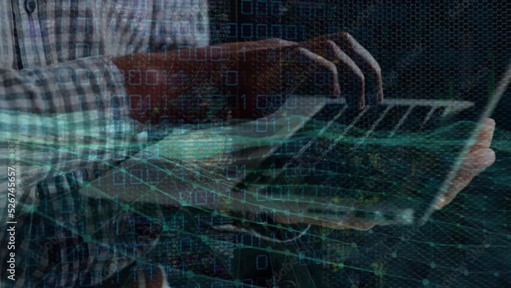 Poster animation of digital wave and binary coding over mid section of a man using laptop