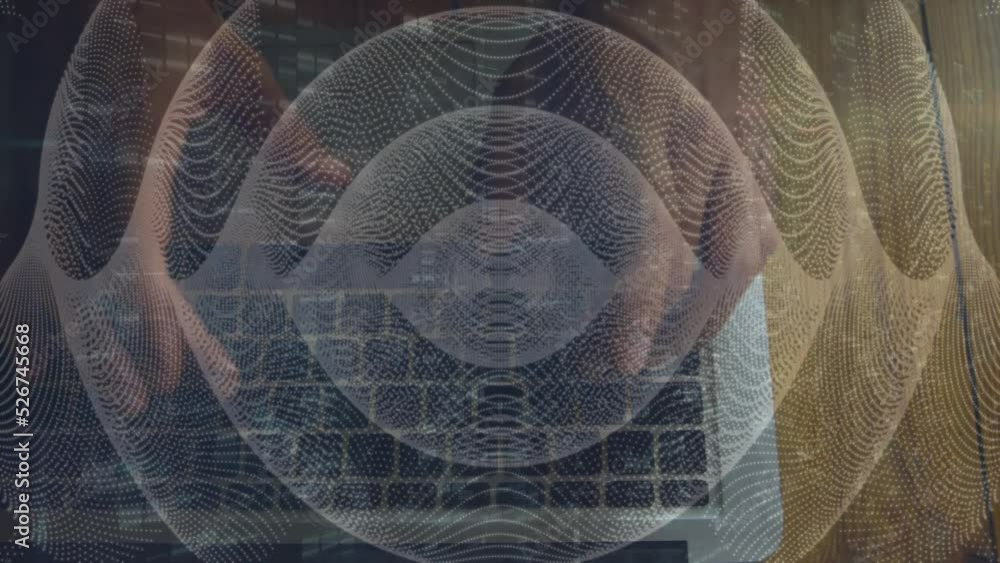 Poster animation of abstract shape design in seamless pattern over mid section of a man using laptop