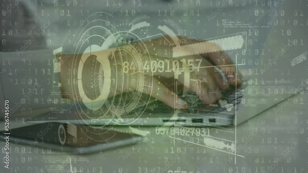 Poster animation of round scanner, data processing and binary coding over mid section of a man using laptop