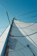 bottom view of the raised sail. a sail filled with wind. white sails of the yacht.