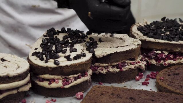 Strawbery in cake. Cake make footage.
