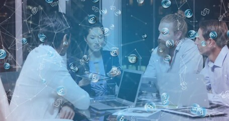 Animation of connected dots, bitcoin and dollar signs over businesswoman explaining project to team - Powered by Adobe