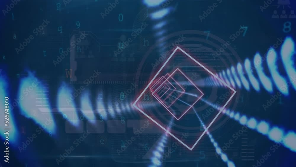 Poster animation of illuminated squares moving in loop with abstract lights over programming language