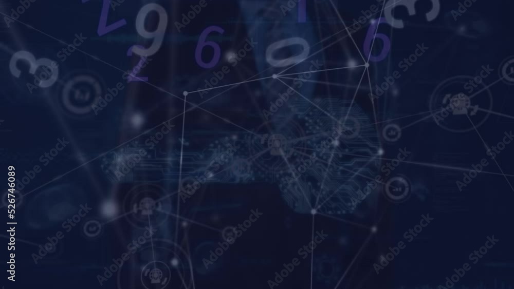 Poster animation of businessman touching 3d car, connected dots with numbers and computer language