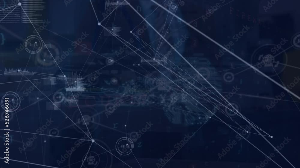 Poster animation of businessman touching 3d car, icons connecting with lines and computer language