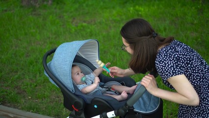 A young mother shows a rattle toy to a child. The baby lies in a stroller in the park. A woman with glasses takes care of her son.