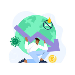 World economy crash concept. A person tries to stop the collapse. Coronavirus pandemic, wars, and conflicts in the world. Vector flat illustration isolated on the white background.
