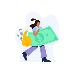 Inflation concept. The financial crisis, decrease the value of the currency. A woman loses investment due to inflation. Vector flat illustration isolated on the white background.