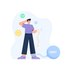 Fototapeta na wymiar Debt problems concept. Financial obligation, and loan payment. A man has a burden of loans for shopping, graduation, and mortgage. Vector flat illustration isolated on the white background.
