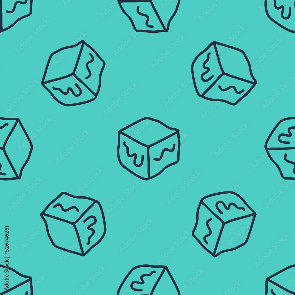 Poster Black line Isometric cube icon isolated seamless pattern on green background. Geometric cubes solid icon. 3D square sign. Box symbol. Vector