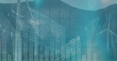 Animation of statistical data processing over spinning windmills on grassland - Powered by Adobe