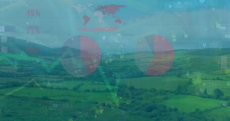 Animation of statistical data processing against aerial view of grassland - Powered by Adobe