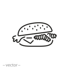 burger with mealworms icon, food of larvae or caterpillar, eat insect,  thin line symbol on white background - editable stroke vector illustration