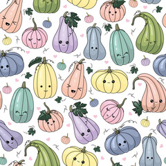 Halloween vector seamless pattern with Kawaii Cute Pumpkin. Childish background for fabric, wrapping paper, textile, wallpaper and apparel