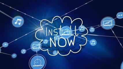 Animation of network of digital icons over install now text banner and human brain - Powered by Adobe
