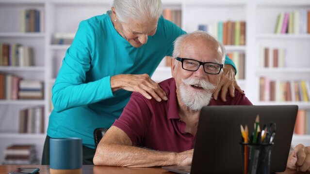 Caucasian Elderly Couple Smiling Man Getting Stress Relief Sorting Out Debt And Finances, Man Getting Massage