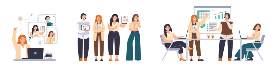 Teamwork scene set with different female characters and occupation activities. Businesswomen in online conference, planning, researching and discussing project. Vector hand drawn flat illustration